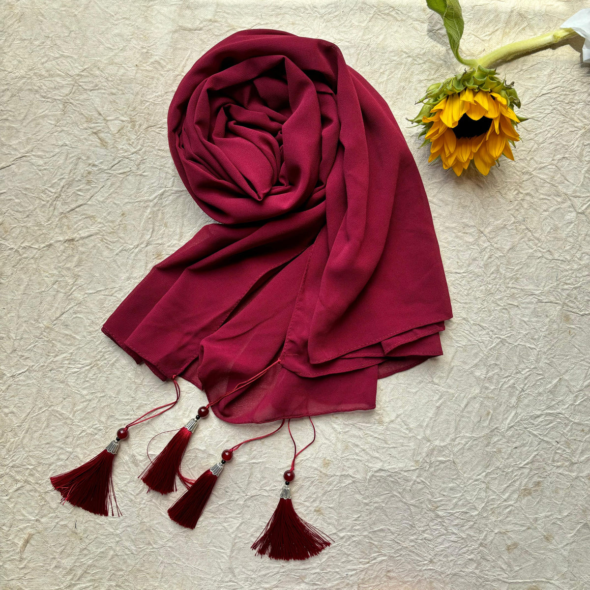 Maroon - Tassel Malaysian Georgette Hijab