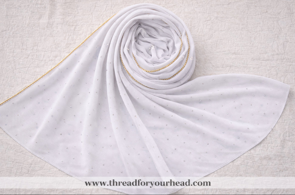 Luxury Rhinestone Diamond Hijab - Pearl White